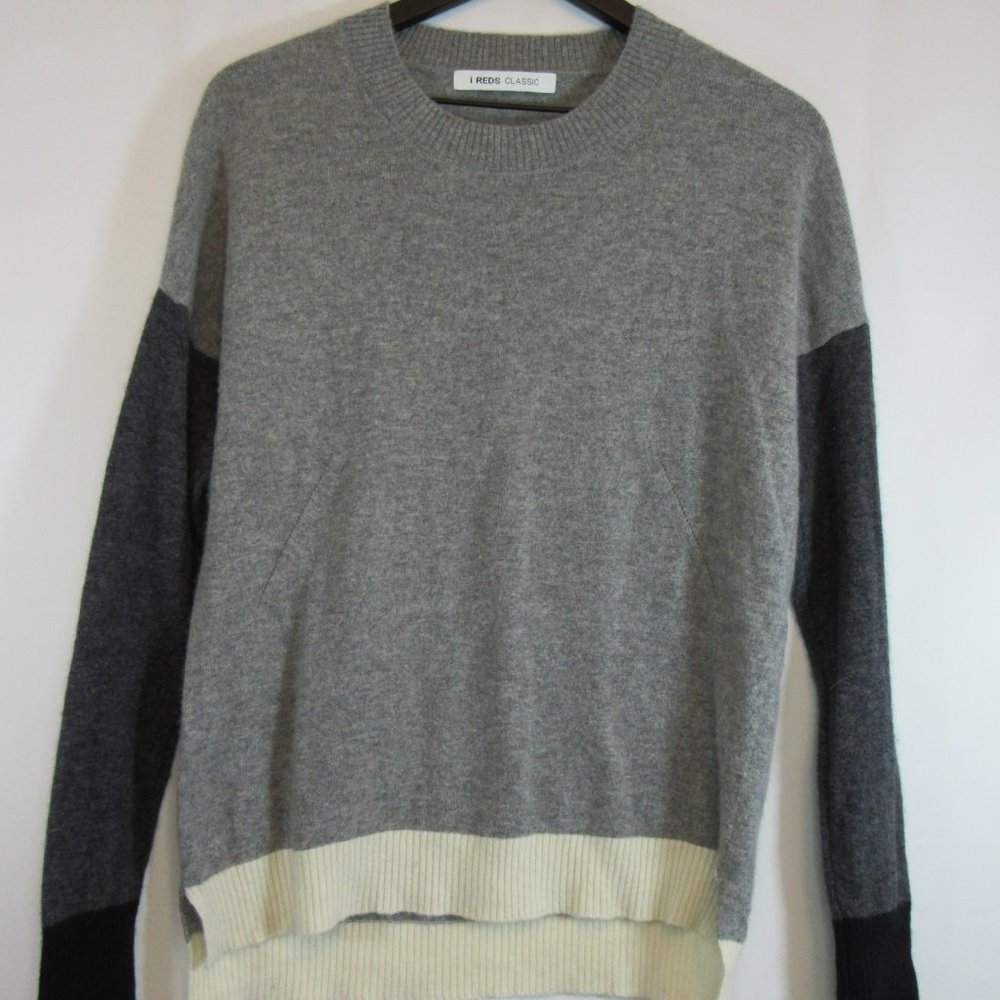 i reds classic Gray Black Crew Neck Color Block Pull On Sweater - Picture 2 of 5